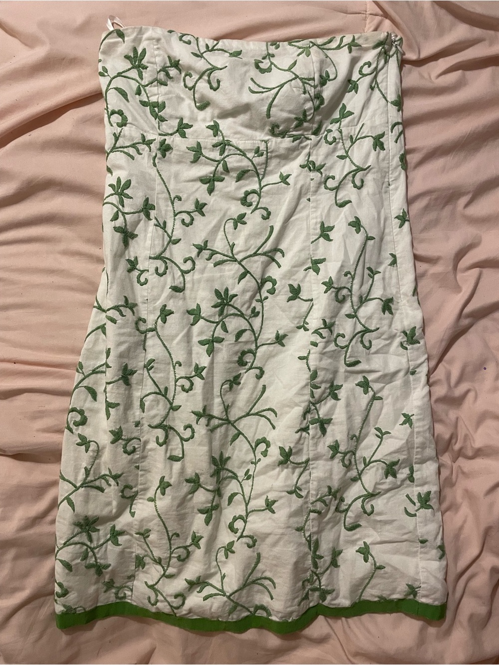 Old Navy White Strapless Dress with Green Vine Embroidery